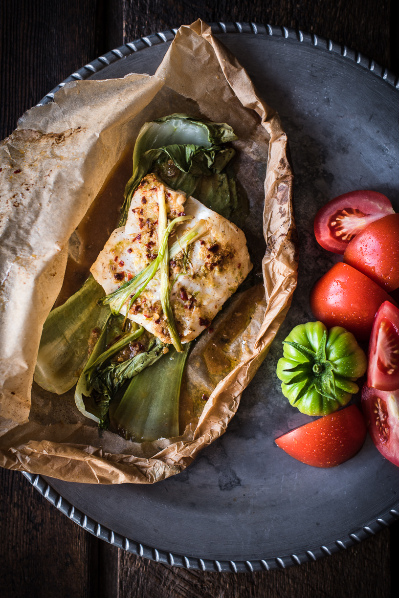 Steamed Fish + Pak Choi in Parchment Here In The Midst