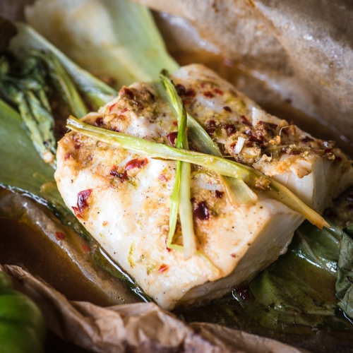 Steamed Fish + Pak Choi in Parchment Here In The Midst
